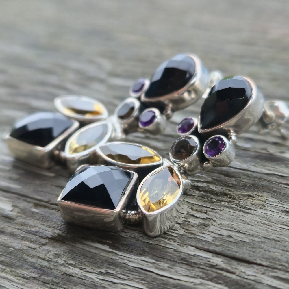 Nicky Butler 925 Sterling Silver Designer Onyx Citrine Amethyst Quartz Earrings - Picture 6 of 13
